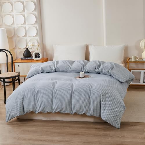 Image of VM VOUGEMARKET Gingham Duvet Cover Queen Blue 100% Washed Cotton Like Linen Bedding Set Soft Breathable 3 Piece Mini Plaid Checkered Comforter Cover Set (Queen 90 inchx90 inch, Comforter Not Included)