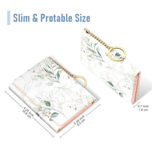 Image of Rouidr Womens Wallet, Small Slim RFID Card Wallets for Women, Cute Front Pocket Trifold Leather Card Organizer with 7 Slots & ID Window, Eucalyptus Leaf