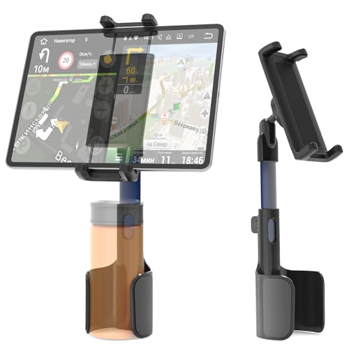 NATDETC 3 in 1 Car Tablet Cup Holder, Car Cup Tablet Mount for Car/Truck, Car Travel Essentials, Compatible with iPad Pro Air Mini, Fire HD, iPhone 16, Galaxy S24 Z Fold 5 or Other 4.7-12.9