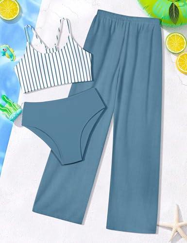 Image of NECIOUS Girls Swimsuit, 3 Piece Bikini Bathing Suit Tropical Floral Swimwear with Cover Up Pants 7-16Y
