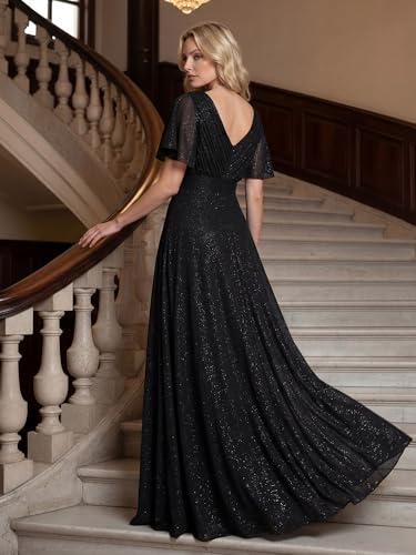 Image of Ever-Pretty Women's Summer Glitter Formal Dresses Evening Gown V Neck Short Sleeves Floor Length Mother of Bride Dress 50159