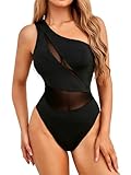 MakeMeChic Women's Summer Mesh Bodysuits One Shoulder Asymmetrical Tops Cut Out Leotards Shirts Country Concert Outfits Black Small