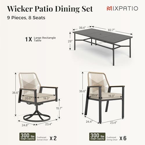 Image of MIXPATIO 9 Pieces Outdoor Patio Dining Set, Rectangular Metal Patio Table with Umbrella Hole, 2 Swivel and 6 Fixed Chairs with 3.2 inch Cushion for Yard, Porch, Beige