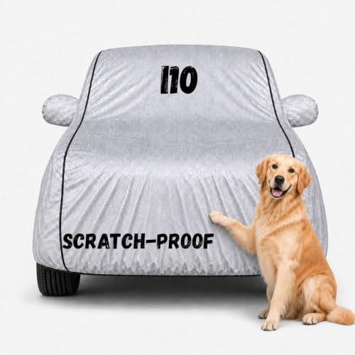 Image of Waterproof Car Cover for i10 | Soft Cotton Lining Heavy Duty Triple Stitched Heat Resistant Outdoor Cover Comes with Mirror and Antenna Pocket Full Bottom Elastic (Silver)