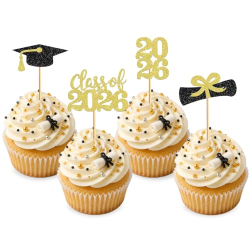 12Pcs Graduation Cake Toppers 2026 - Class of 2026 Cake Topper for Graduation Decorations Gold Black Glitter Grad Cap Diploma Star for Graduate Party Cake Decorations