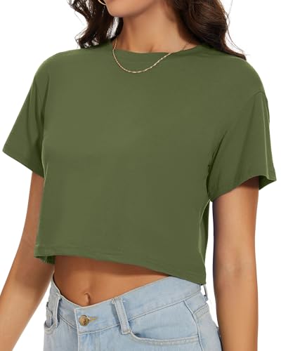 Image of Womens Summer Crop Tops Short Sleeve Round Neck T-Shirts Loose Fit Casual Blouse 2026