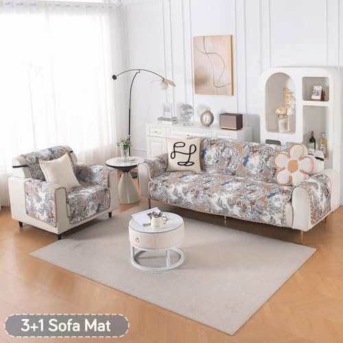 Image of HOKIPO Reversible Quilted Sofa Cover 3 Seater and 1 Seater Set, 4 Seater(3+1) Sofa Cover, Easy Drape Series, Urban Floral (IN-1101 + IN-1099-ED4)