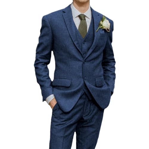 Mens Suit Slim Fit Tweed Herringbone Suit for Men Wool Blend Blazer Vest Pants Winter Tuxedo Set