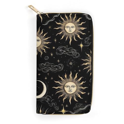 Women's Cute Decor Wallet, Long PU Zipper Wallet, Travel Purse Fashion Design, Huge Storage Capacity Purse Mystical Magical Cosmic Astrology Sun Crescent Moon Stars Gold Black Art