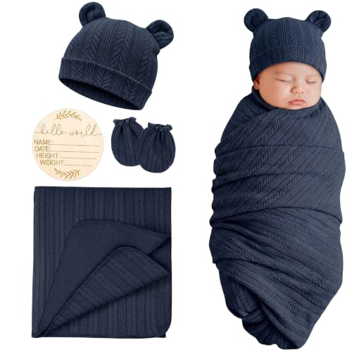 Image of DRESHOW BQUBO Newborn Receiving Blankets for Baby Girl Boy Swaddle with Bear Hat No Scratch Mittens Announcement Card Set for 0-3 Months