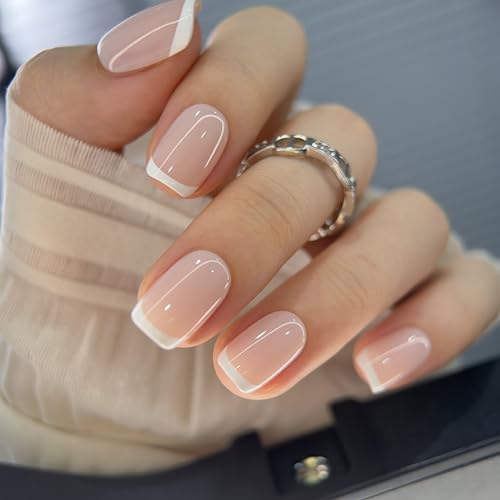 Image of CurvLife Soft Gel Square French Tip Press On Nails Short, Silk Outline Style Reusable Fake Nails with Glue & Adhesive Tabs, 32PCS Salon-Quality Stick-On Nails for At-Home Manicure