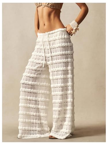 Women's Lace Ruffle Layered Vacation Beach Pants Drawstring Waist Mesh Wide Leg Pants Boho Trousers3