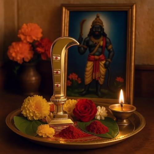 Image of Sri Sisters Karuppasamy Aruval Metal Idol for Car Dashboard & Pooja Room | 7 cm Gold-Coloured Knife Statue | Ayyanar /Sangili Karuppan Aruva | Home Temple Decor | Divine Return Gift Item