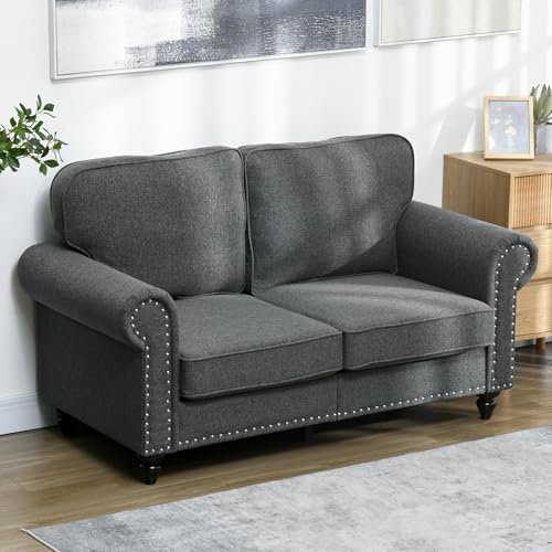 HOMCOM 61' Loveseat Sofa, Mid Century Modern 2 Seater Small Couch with Nailhead Trim, Rolled Arm, Fabric Upholstered Love Seat for Living Room and Bedroom, Charcoal Gray