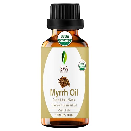 Image of SVA Organic Myrrh Essential Oil in Glass Bottle, 1 /3 Fl Oz (10 ml) | Organic Myrrh Oil for Skin Care, Face Care, Perfume Blends, Incense, Diffuser, Soap Making, Blending & DIY Beauty Projects