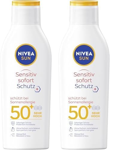 NIVEA SUN Sensitiv Sofortschutz Sonnenlotion LSF 50+, Sonnencreme mit LSF 50+ für empfindliche Haut, wasserfester & duftfreier Sonnenschutz bei Sonnenallergie (200 ml) (Packung mit 2)