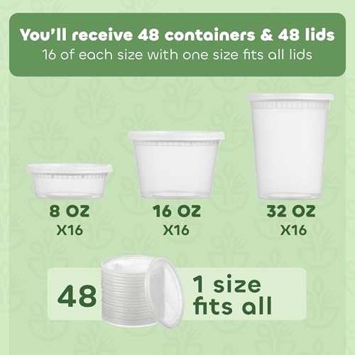 Image of JoyServe Deli Food Containers with Lids - (48 Pack) 16 Sets of Each Size - 8 Oz-Cup / 16 Oz-Pint / 32 Oz-Quart Sizes Food Storage Takeout Meal Prep Storage, BPA-Free, Dishwasher, Microwave Safe