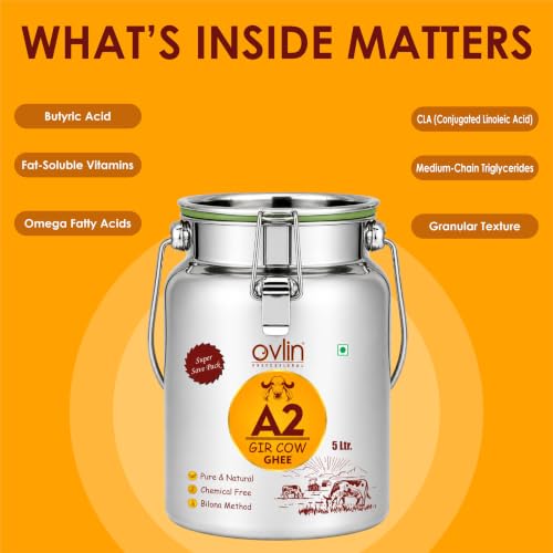 Image of Ovlin A2 Gir Cow Ghee | Traditional Bilona Method | Hand Churned Gir Cow Milk | Pure & Natural Desi Cow Ghee | Chemical Free | Rich Aroma & Taste | Ideal for Cooking & Daily Nutrition 5L