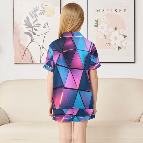 Satin Pajama Sets Short Sleeve Triangular Architectural Button Down Silky Nightwear 2 Piece PJS 5-14Y4