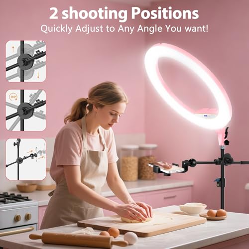 Ring Light with Stand 22inch Kit: Professional Ring Light Overhead Tripod for iPhone ipad, LCD Display/2 USB Ports for Makeup Barber Tattoo Lash Extension Video Photography Lighting (Pink)