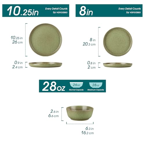 Image of vancasso Plates and Bowls Sets, 24 Pieces Stoneware Dinnerware Set for 8, Ceramic Dish Set for Kitchen, Microwave and Dishwasher Safe, Mossy Green, Series ZERMATT