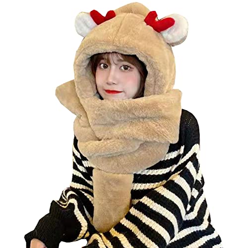 Women Girls Lovely Cartoon Animal Ears Hat Scarf Gloves 3-in-1 Set Plush Winter Warm Hoodie Hat with Scarf Pocket Mitts