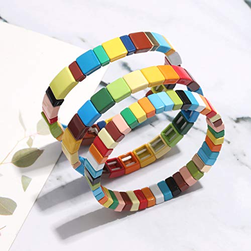 NVENF Tile Bracelets Enamel Rainbow Tile Bead Bracelets Colorblock Stackable Stretch Bracelets Bohemia Tile Strand Bangle Bracelet Set for Women Men3