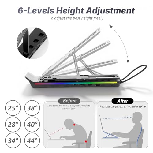 Image of ZORBES RGB Laptop Riser Stand Desk Support, Folding Aluminum Alloy Laptop & Tablet Stand with 4 USB Ports, 8-Level Adjustable Height, Anti-Slip & Ergonomic Heat-Dissipating Laptop Riser, Plug and Go