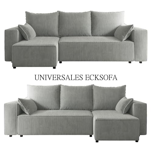 4ALL HOME Ecksofa mit Schlaffunktion Tobi 246x145 cm - Couch - Sofa mit Bettkasten - Eckcouch - L-Form - Schlaffsofa - Schlafsofa mit Bettkasten - Universal (Cord Poso 55 Grau)