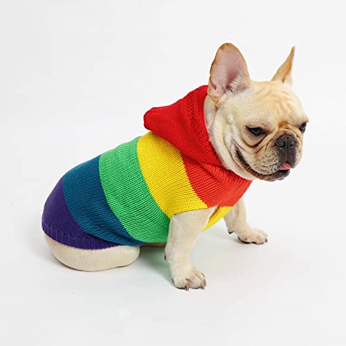 PASRLD Dog Sweater Rainbow Soft and Warm Pet Sweater Dog Pullover Knitwear Puppy Clothes for Fall Winter(Medium, Red-Hooded)