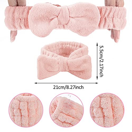 WLLHYF Spa Face Headbands Bow Makeup Hair Band Set Soft Elastic Washing Face Headbands Prevent Water Spilling Down Arms Spa Headband for Women Girls Skin Care Shower (Pink) - Image 2