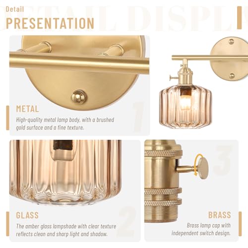 Image of Vintage Glass Wall Sconce, 2-Light Brass Gold Bathroom Lighting Fixtures Over Mirror, Ribbed Vanity Wall Light with Amber Glass Shade, E26 Base for Bedroom, Dressing Table, Hallway