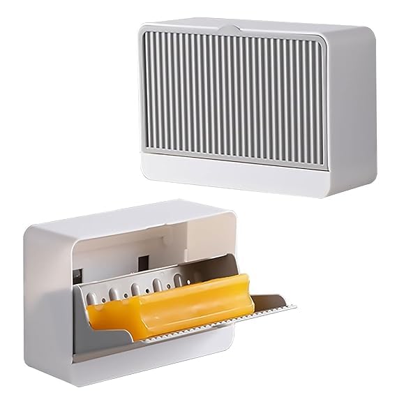 Image of SAHAJ Enterprise Plastic Creative Wall Mounted Double Bar Bathroom Soap Box Holder Soap Dish with Drainage Box Soap Box with Lid Single, Double Grid Soap Draining Rack (1, 1 Lid)
