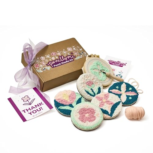Panellomi Flower Punch Needle Kit for Beginners DIY Punchneedle Embroidery Starter Kit with Yarn Fabric Needle Punch Tool Scissors and Instructions for 6 Easy Craft Floral Design Coasters