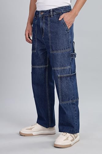 Image of INKD Men's Carpenter Baggy Jeans - Mid-Rise | 100% Cotton | Contrast Stitch| 6 Pocket Styling | Baggy Jeans for Man | Loose fit & Comfortable (Available in Plus Sizes)