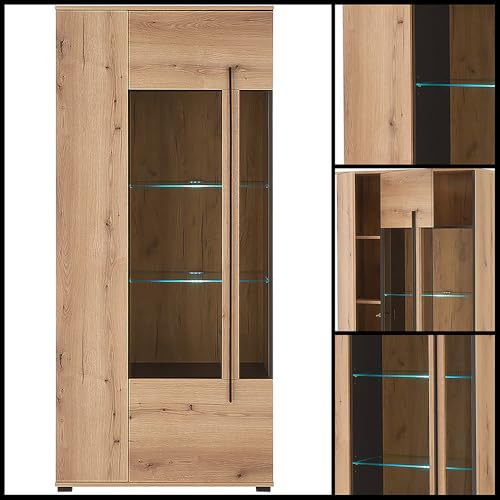 Lomadox Wohnwand Wohnzimmer-Set 3-teilig mit Vitrine, Lowboard & Wandregal in Eiche inkl. LED Beleuchtung – Bild 5