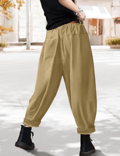 YESNO Baggy Cropped Pants for Women Casual Loose Elastic Waist Denim Trousers with Pockets PDJ4