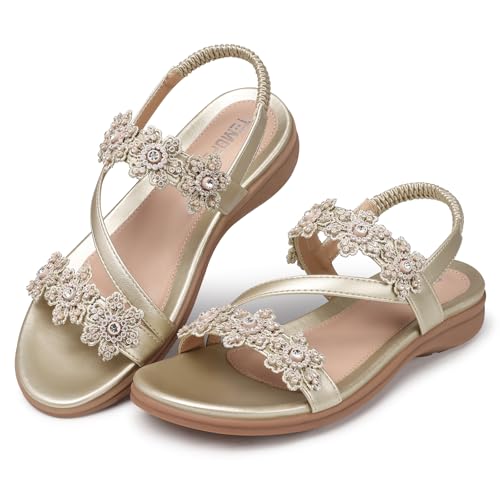 Image of TEMOFON Sandals for Women Flat Dressy Summer Flower Sandals with Ankle Strap Comfortable Casual Walking Flat Sandals Size 5-11