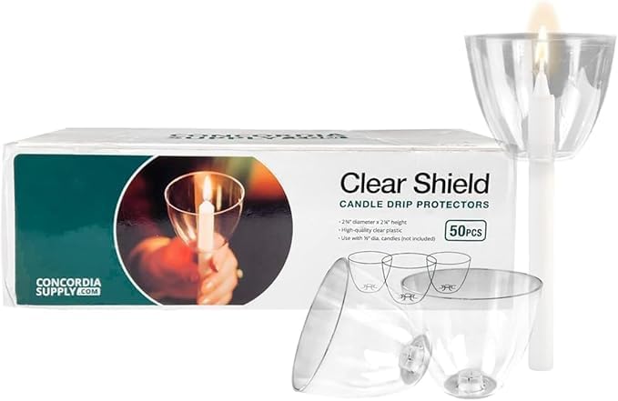 Concordia Supply Clear Shield - Protectores de goteo de velas (paquete de 50) para candelabros, convenientes para vigilias de iglesia,
