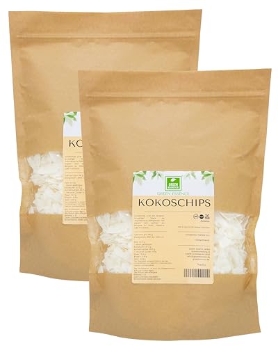 Kokos Chips 1 Kg (2 * 500g) von der Grünen Essenz - Fertigsnack in Scheiben - ungesüßt - Kokosnusschips - ohne Konservierungsstoffe oder GVO - KETO Kokosflocken - 100% Kokosnuss-Chips (1000 G)