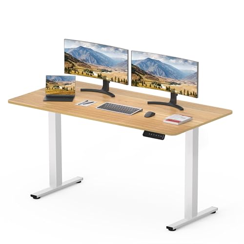 SANODESK Bureau Assis Debout Électrique 120x60cm avec Plateau Complet, Bureau Debout Réglable en Hauteur Panneau Clavier Contrôle à Fonctions Mémoires, Système anticollision, Blanc+Érable