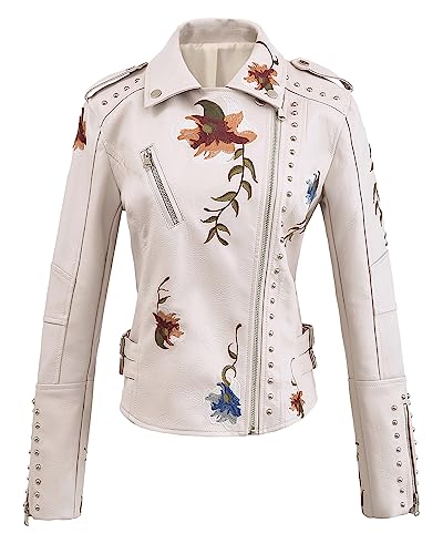 YILANUOYI Women's Embroidered Studded Faux Leather Jacket Moto