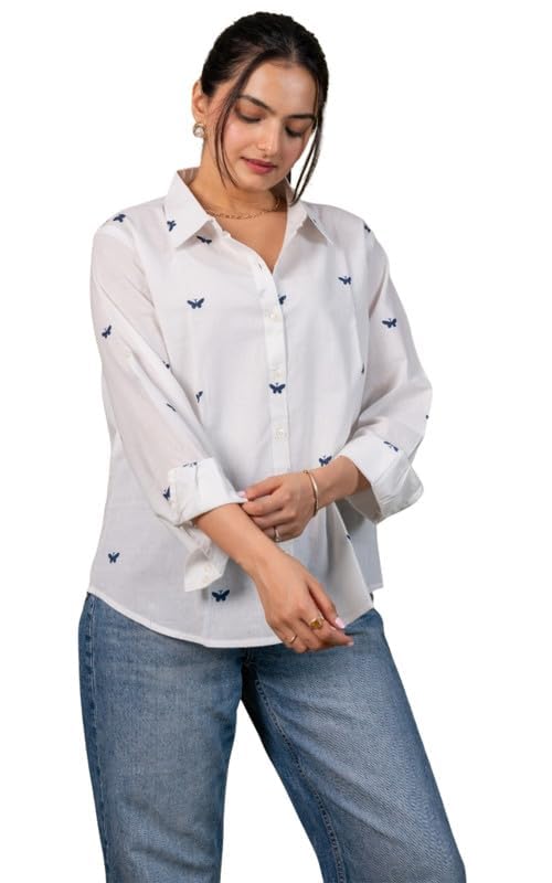 indrina Women Cotton White Butterfly Relaxed Fit Shirt for Women, Casual Wear, and Formal Wear, Collar Neck-picture-56