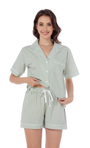 Image of LUBOT 100% Cotton Pajamas for Women 2 Piece PJ Set Poplin Woven Lightweight Ladies Button Short Sleeve Sleepwear S-XXL