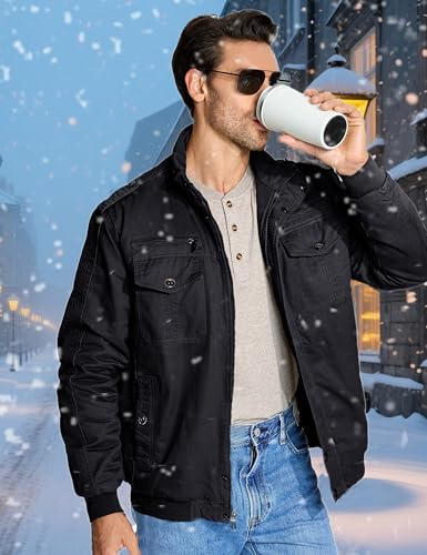 CRYSULLY Men's Winter Jacket Cargo Casual Thicken Multi Pocket Field Jackets Outwear Fleece Coat3