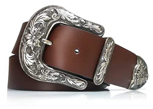 almela - Gürtel Cowboy - Damen und herren - Echt leder - Vintage Mode - 4 cm breit - Country - Retro - 40 mm - Western - Echtleder - Unisex - Rodeo - Cowgirl Belt - Braun, 110 Cover
