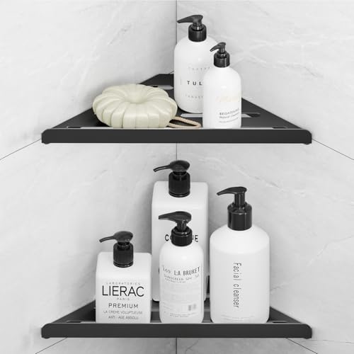 Fikoksol Shower Caddy 2 Pack Bathroom Corner Shelf Triangle Shelf Storage for Bathroom Shower Black Metal Shower Shelf & Rustproof Wall Mounted Adhesive Glue Organizer Accessories and Essentials