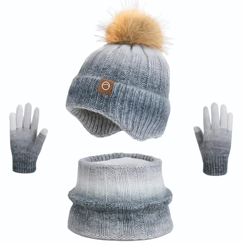 Image of Kids Winter Earmuffs Hat Scarf Touchscreen Gloves Set,Fleece Lined Beanie Neck Warmer for Boys Girls 4-10Y