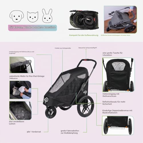 Petique Breeze Große Hundebuggy Hundewagen wandelbar Fahrradanhänger für Hunde mit Luftreifen, Schwarz, 1 Stück (1er Pack)
