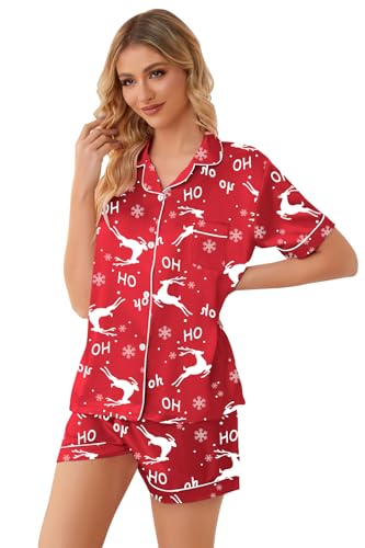 Image of Schbbbta Womens Pajamas, Satin Silky Pjs Set Button-Top 2 Pcs Short Sleeve Sleepwear Soft Comfy Sexy Loungewear Homewear, Red Reindeer Christmas, X-Small